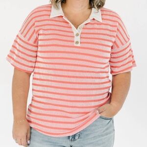 Womens Striped Polo Top Orange And White Size 3XL Stretchy Material